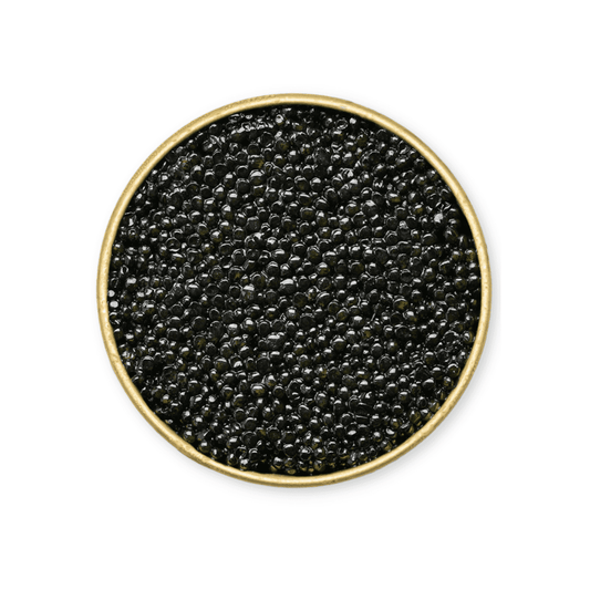 Round black caviar dish with gold rim on a white background