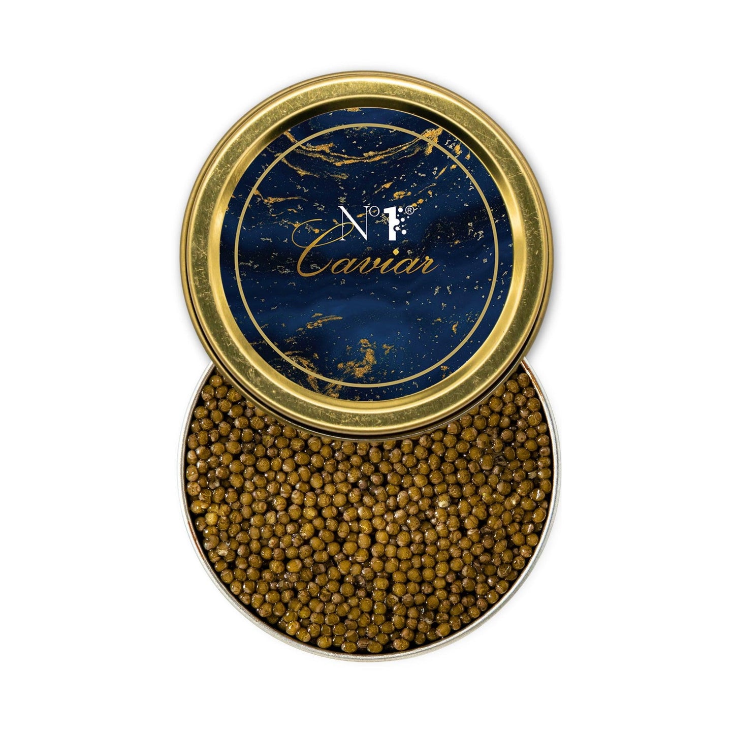 Caviar in a decorative tin with a blue lid featuring branding on a white background