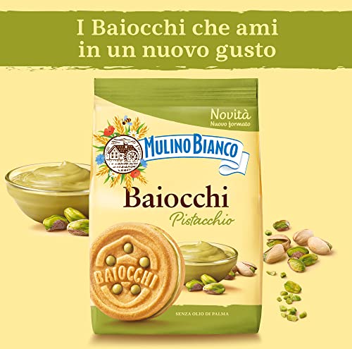 Mulino Bianco Biscotti Baiocchi With Pistachio Cream, Biscotti con Pistacchio e Pastafrolla Ideali per Colazione o Merenda, Senza Olio di Palma, 1 Sacchetto da 240g