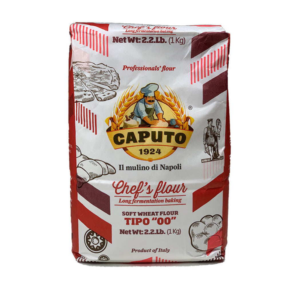 Bag of Caputo flour with branding and product details on a white background