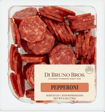 Packaged pepperoni slices in a clear container with Di Bruno Bros label.