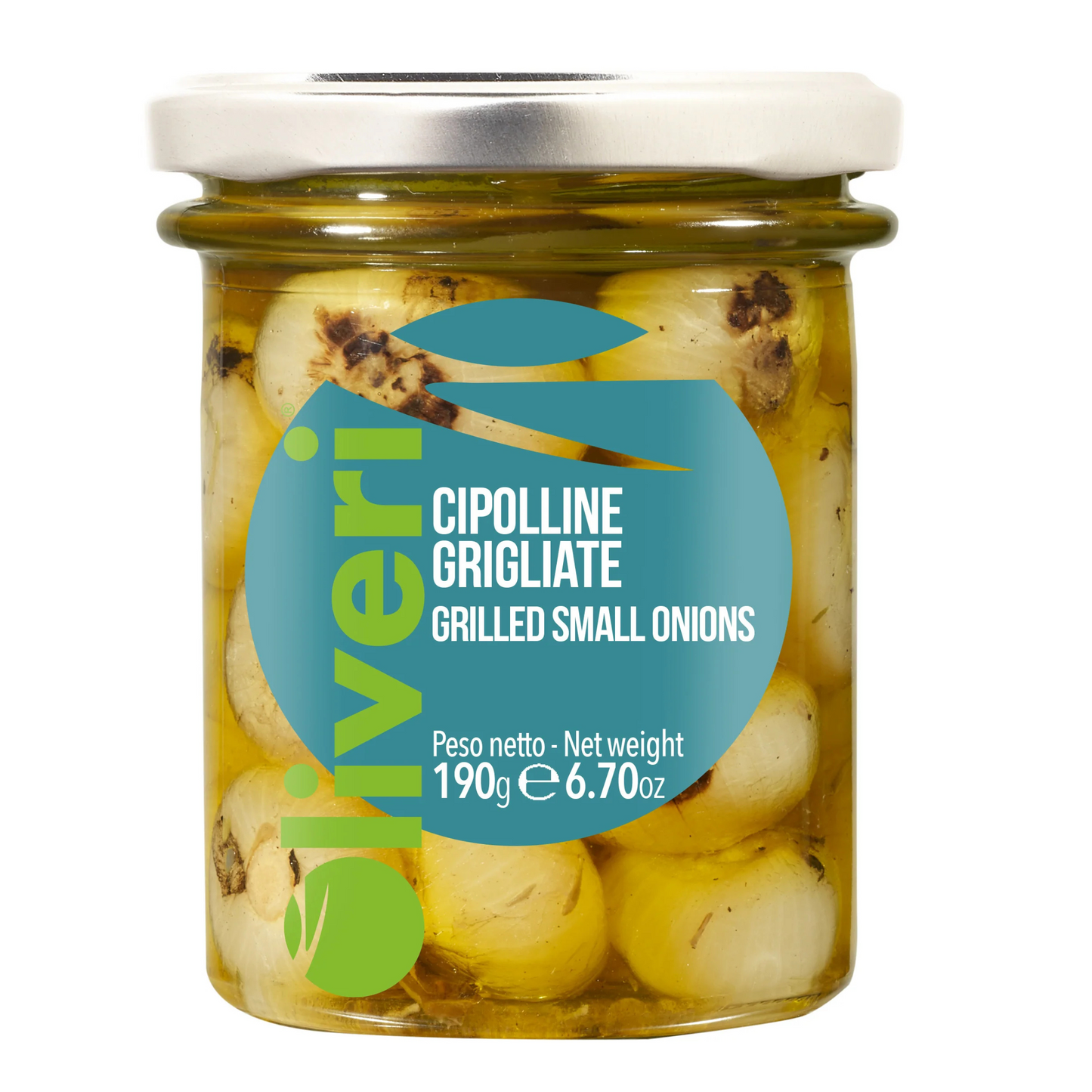 Jar of grilled small onions with olive oil label on a white background