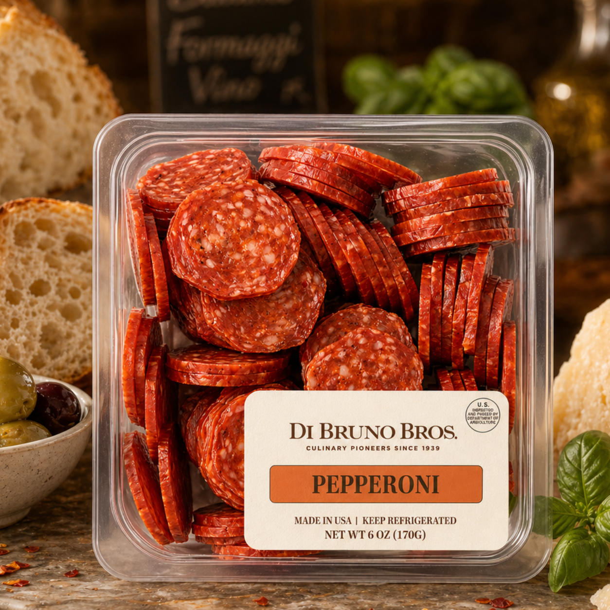 Packaged pepperoni from Di Bruno Bros on a wooden board with bread, olives, and cheese.