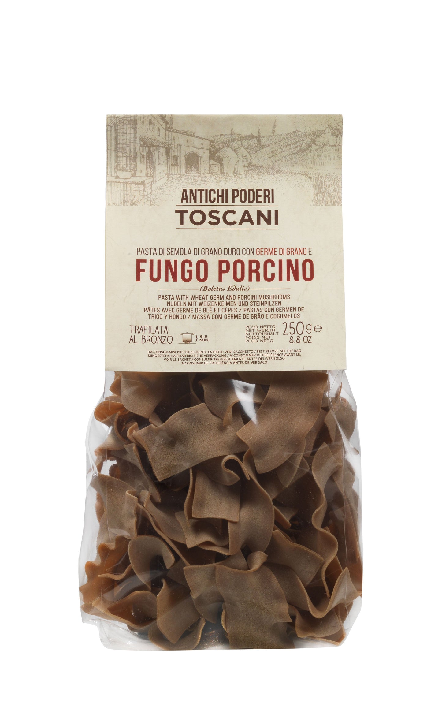 Packaged dried porcini mushrooms with Antichi Poderi Toscani label on a white background