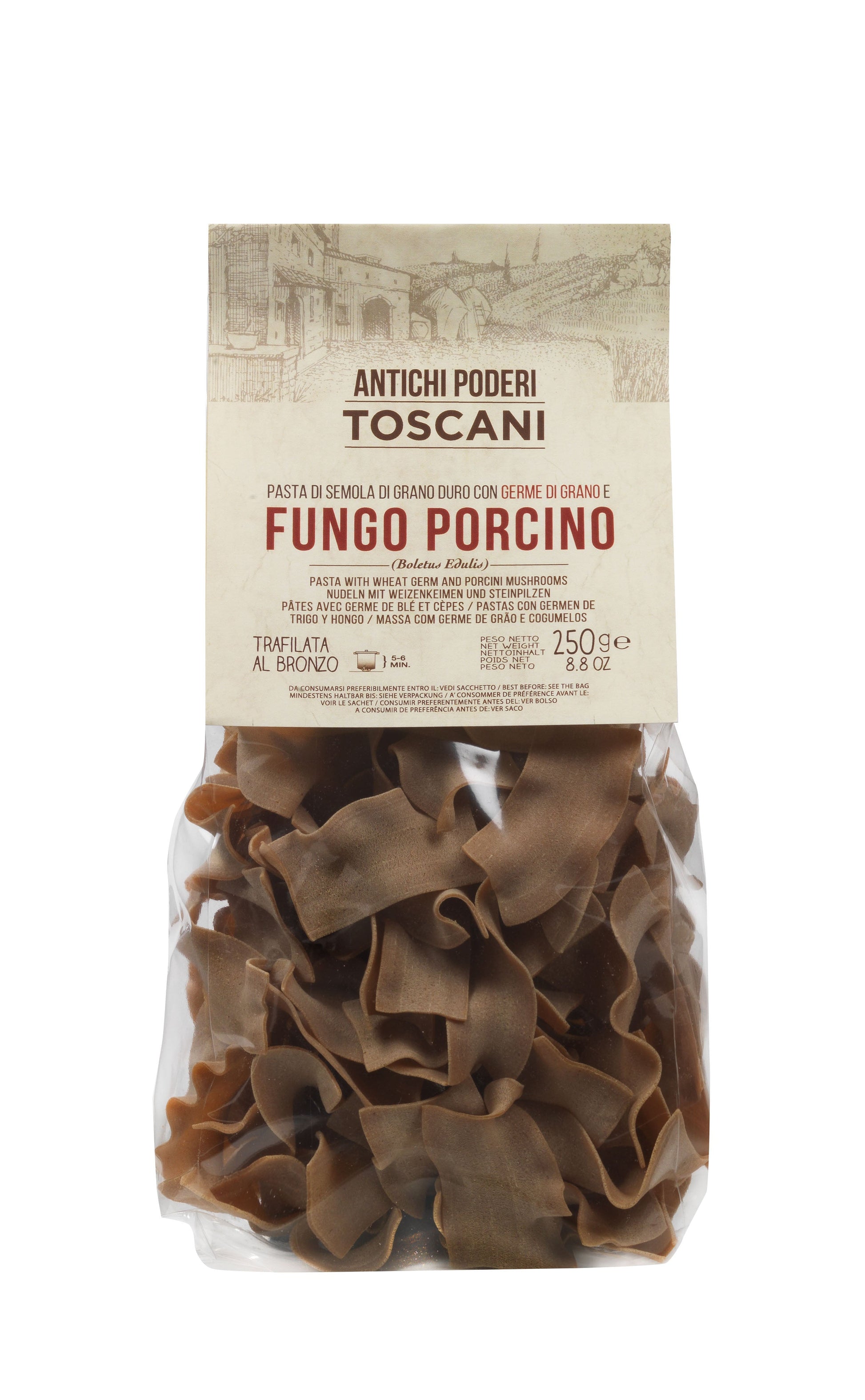 Packaged dried porcini mushrooms with Antichi Poderi Toscani label on a white background
