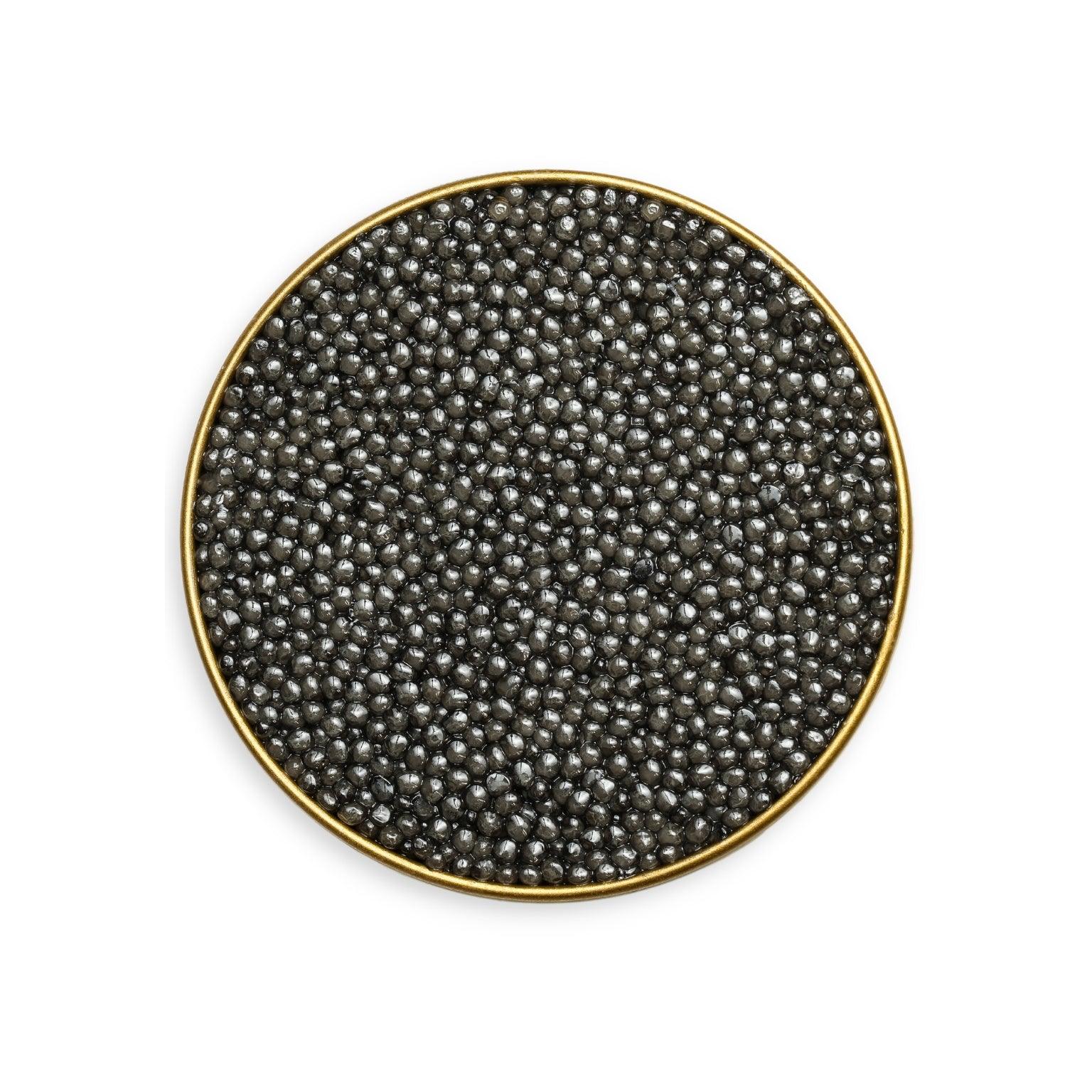 Round black caviar dish with gold rim on a white background