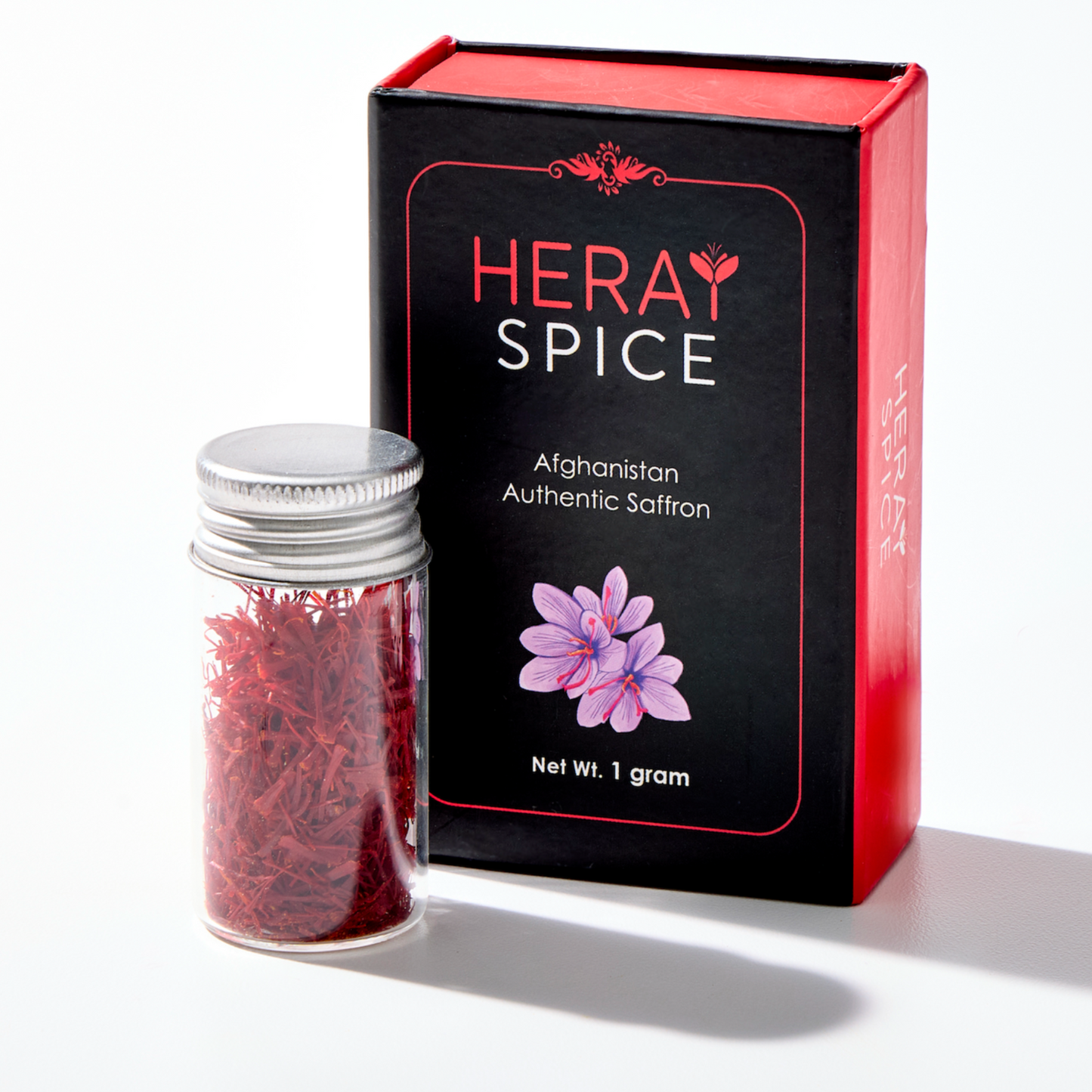 HERAY SPICE Afghanistan Authentic Saffron packaging with saffron in a jar on a white background