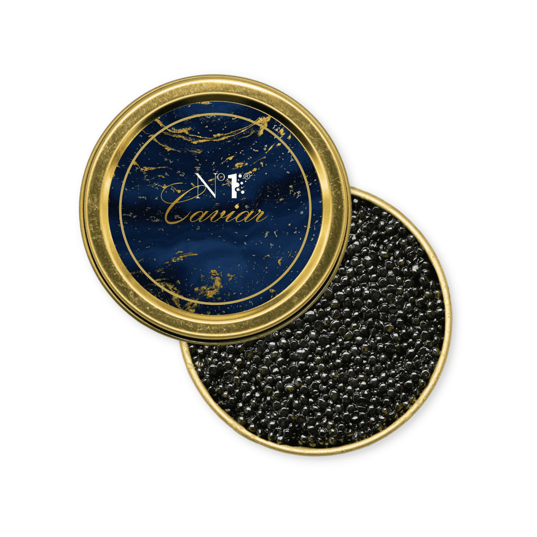 Caviar in a decorative container with a blue and gold lid on a white background