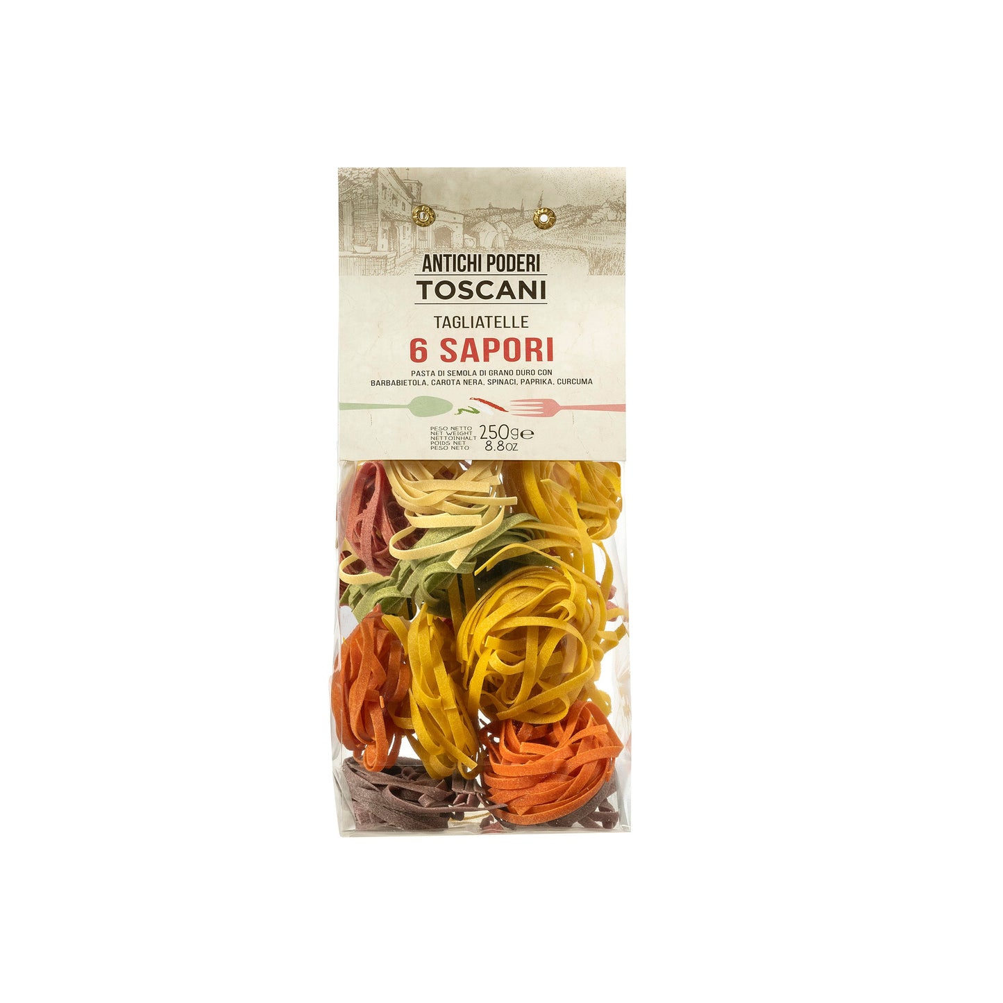 Packaged pasta with colorful tagliatelle and brand name on a white background
