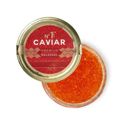 Jar of caviar with a red label on a white background