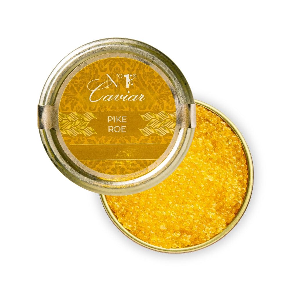 Jar of caviar with a decorative lid on a white background