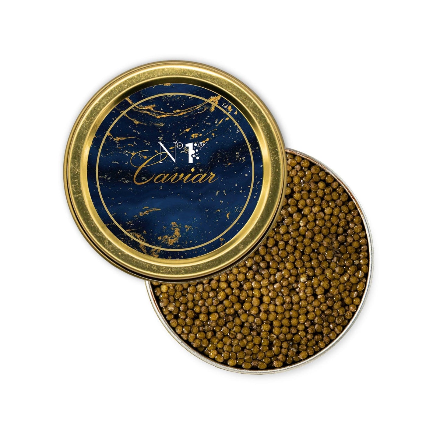 Open container of caviar with a decorative lid on a white background