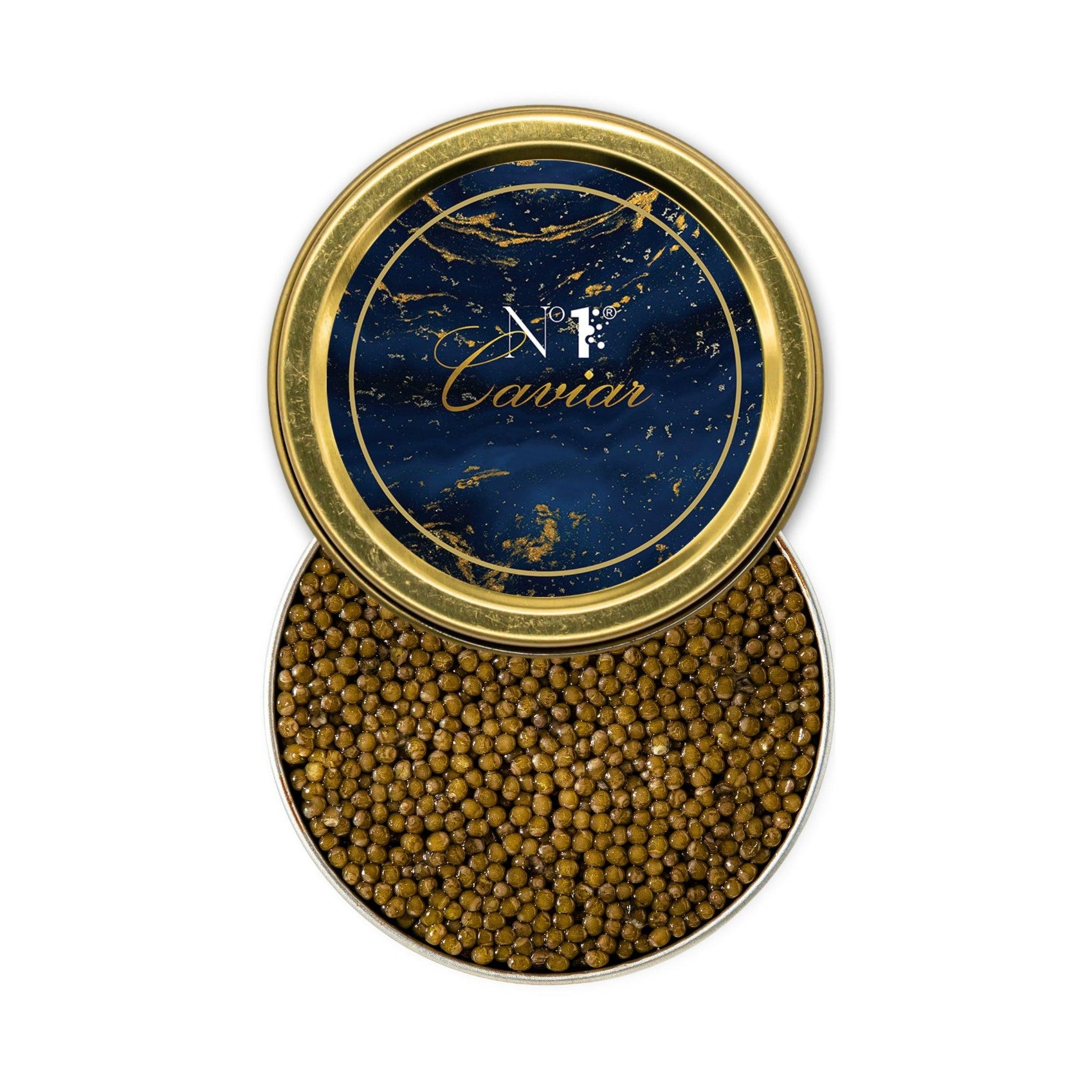 Caviar in a decorative tin with a blue lid featuring branding on a white background