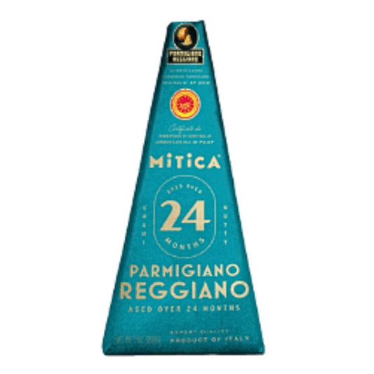 Blue packaging of Parmigiano Reggiano cheese with Mitica branding on a white background