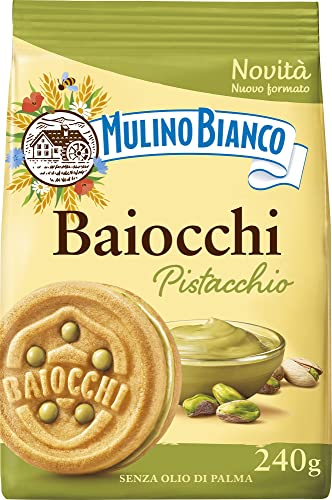 Mulino Bianco Biscotti Baiocchi With Pistachio Cream, Biscotti con Pistacchio e Pastafrolla Ideali per Colazione o Merenda, Senza Olio di Palma, 1 Sacchetto da 240g
