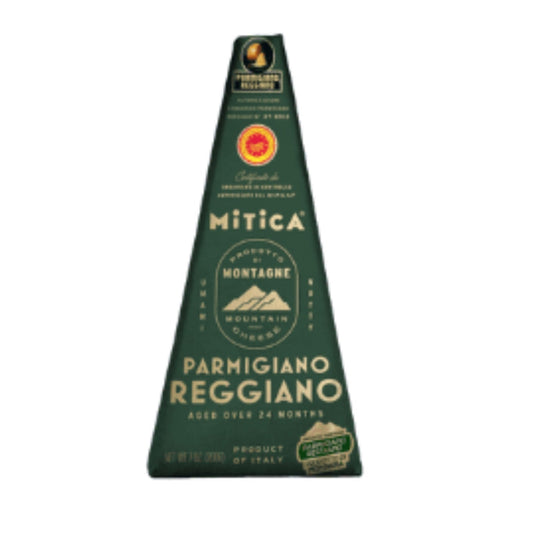 Green Parmigiano Reggiano cheese packaging on a white background