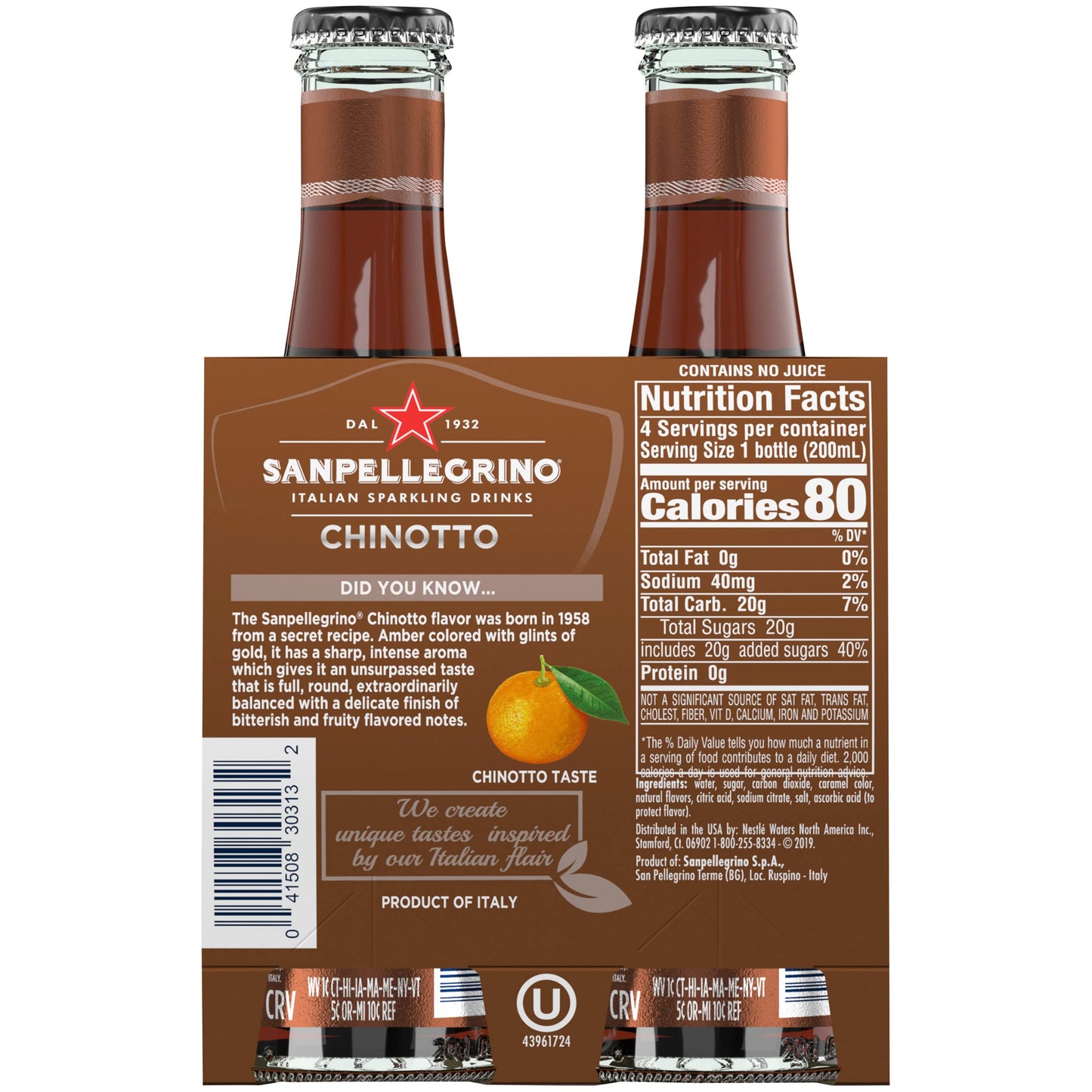 Sanpellegrino Italian Sparkling Drink Chinotto, Sparkling Citrus Beverage, 4 Pack of 6.75 Fl Oz Bottles