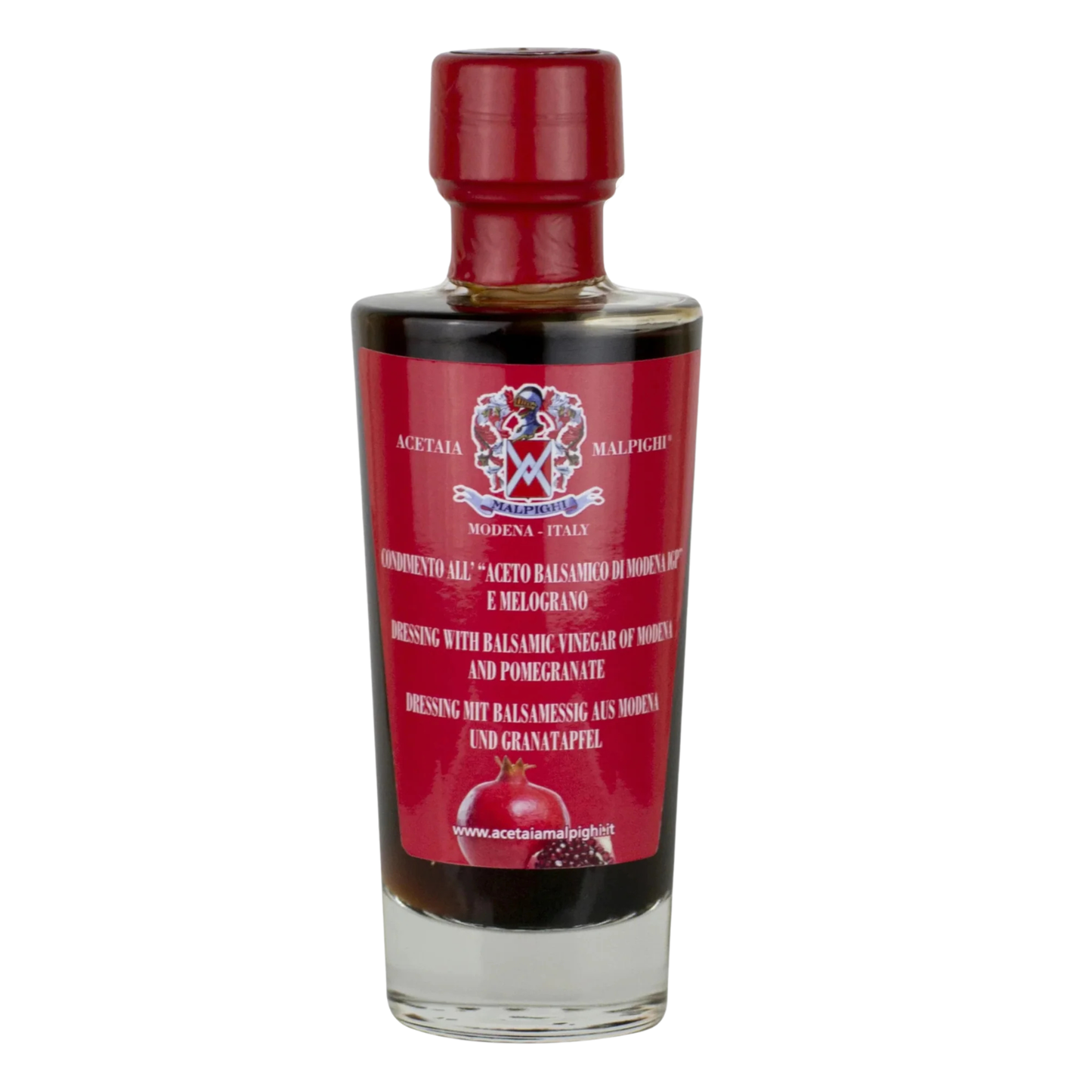 Bottle of balsamic vinegar with a red label on a white background
