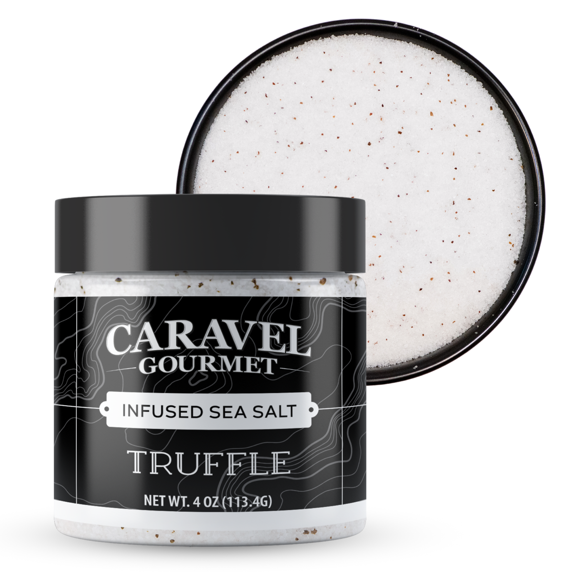 Jar of Caravel Gourmet Truffle Infused Sea Salt on a white background