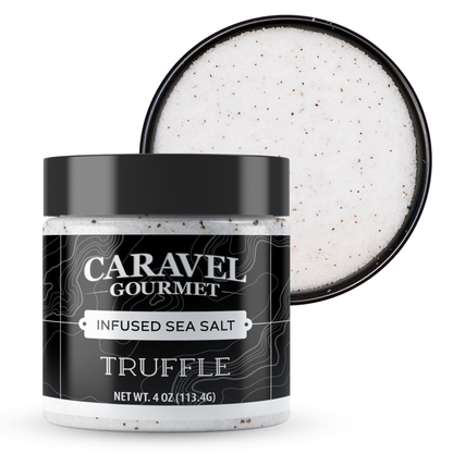 Jar of Caravel Gourmet Truffle Infused Sea Salt on a white background