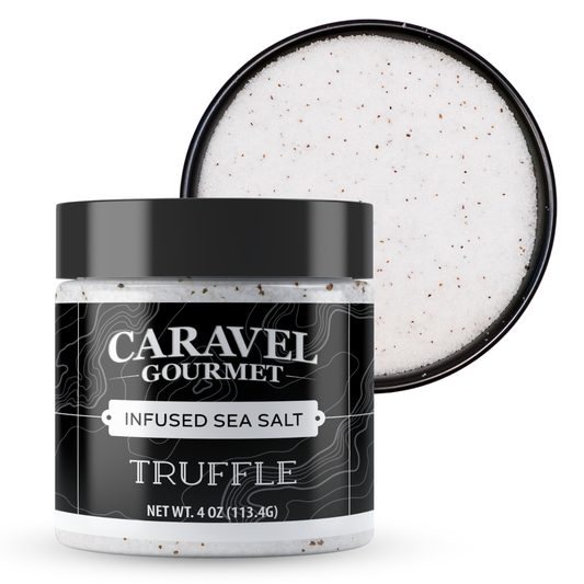Jar of Caravel Gourmet Truffle Infused Sea Salt on a white background