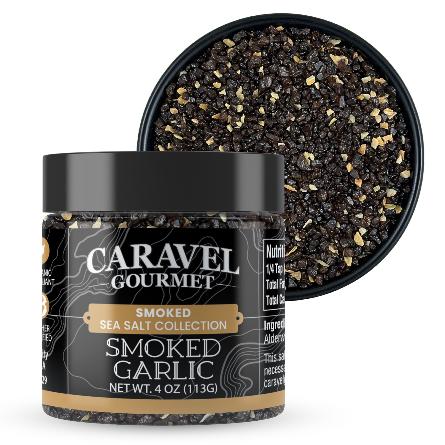 Jar of Caravel Gourmet Smoked Garlic Sea Salt on a white background