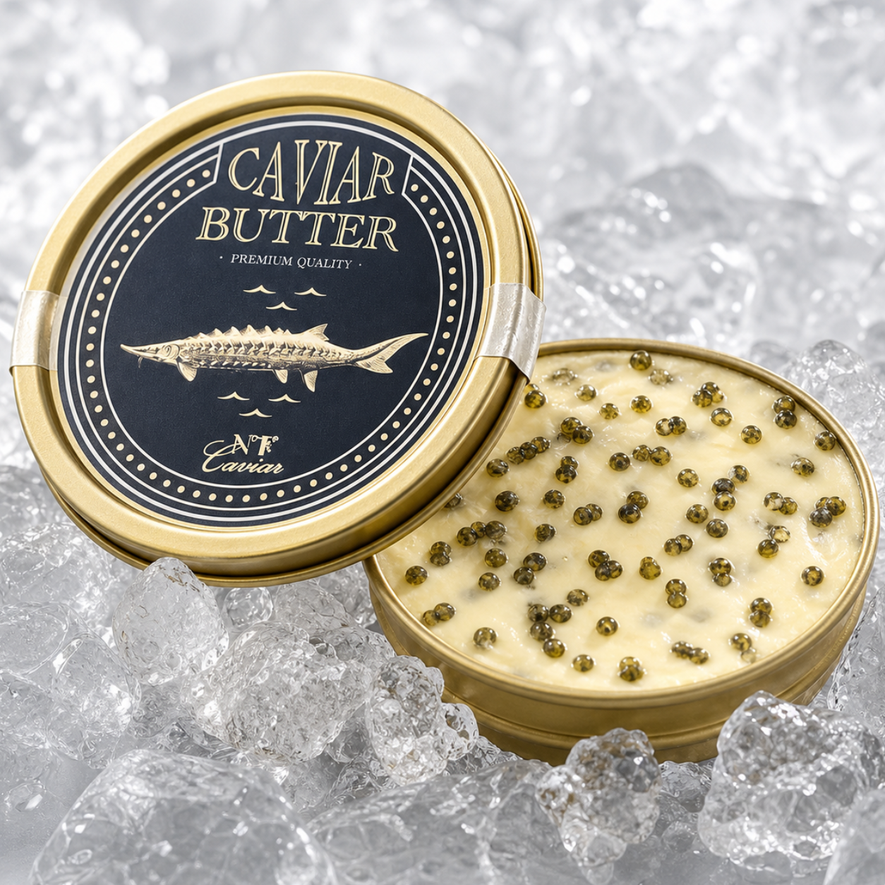 Caviar butter in a gold container with a black lid on a textured gray background