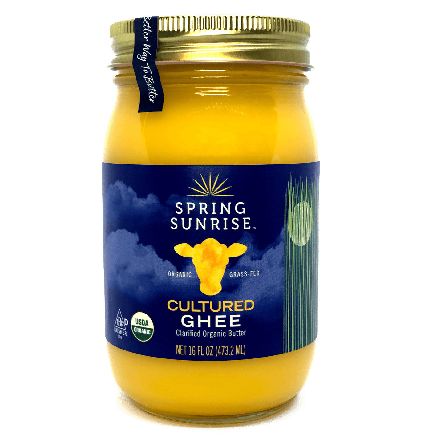 Jar of Spring Sunrise Cultured Ghee with a blue label on a white background