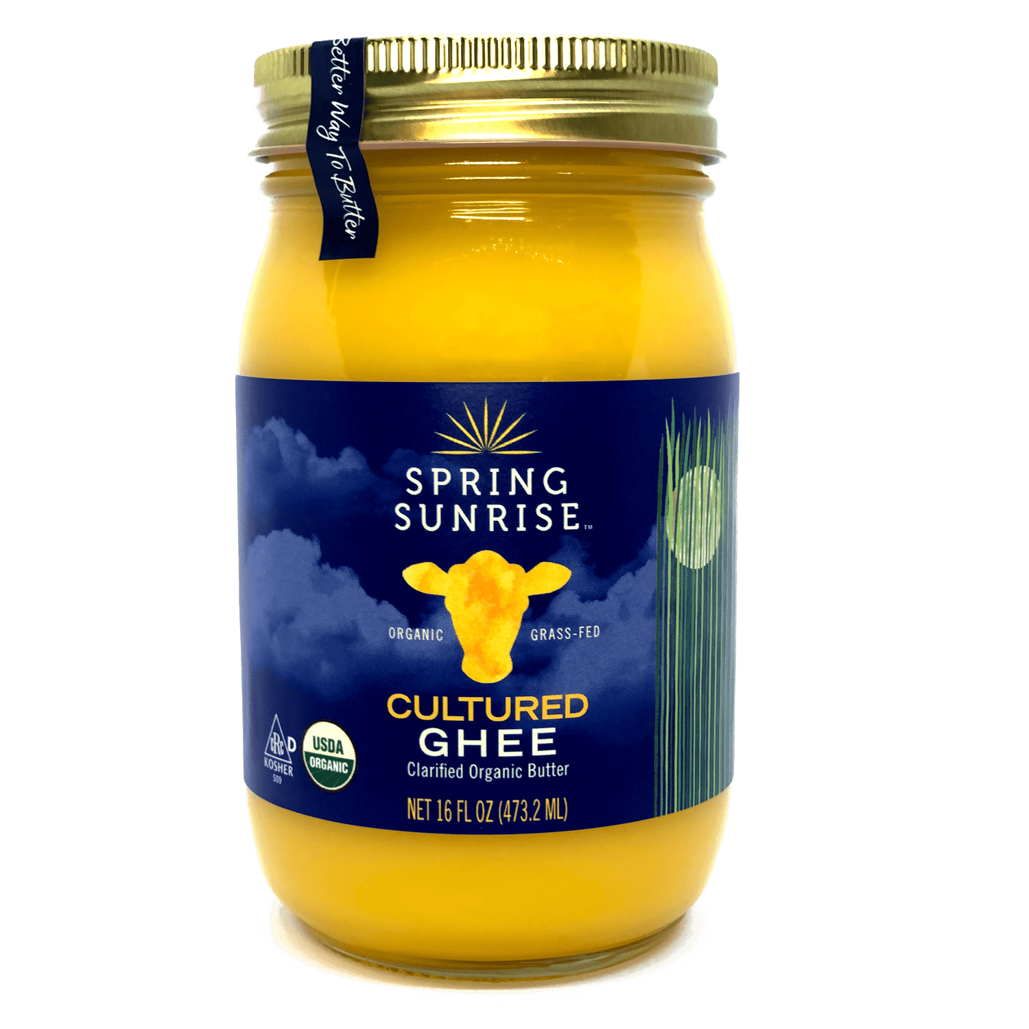 Jar of Spring Sunrise Cultured Ghee with a blue label on a white background