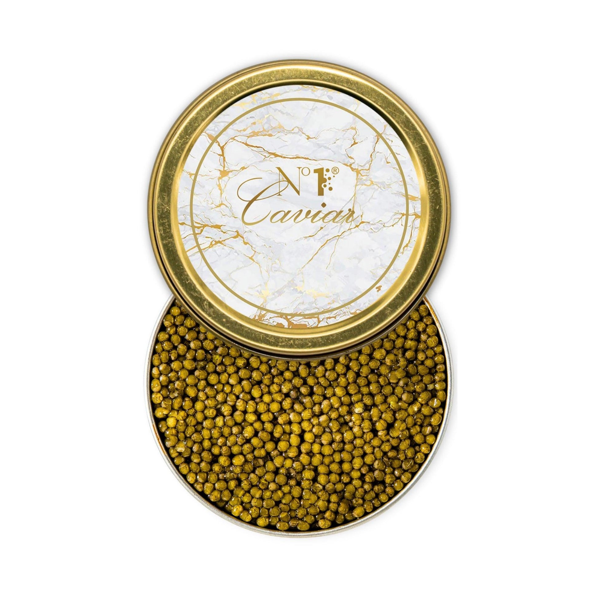 Open container of caviar with a decorative lid on a white background