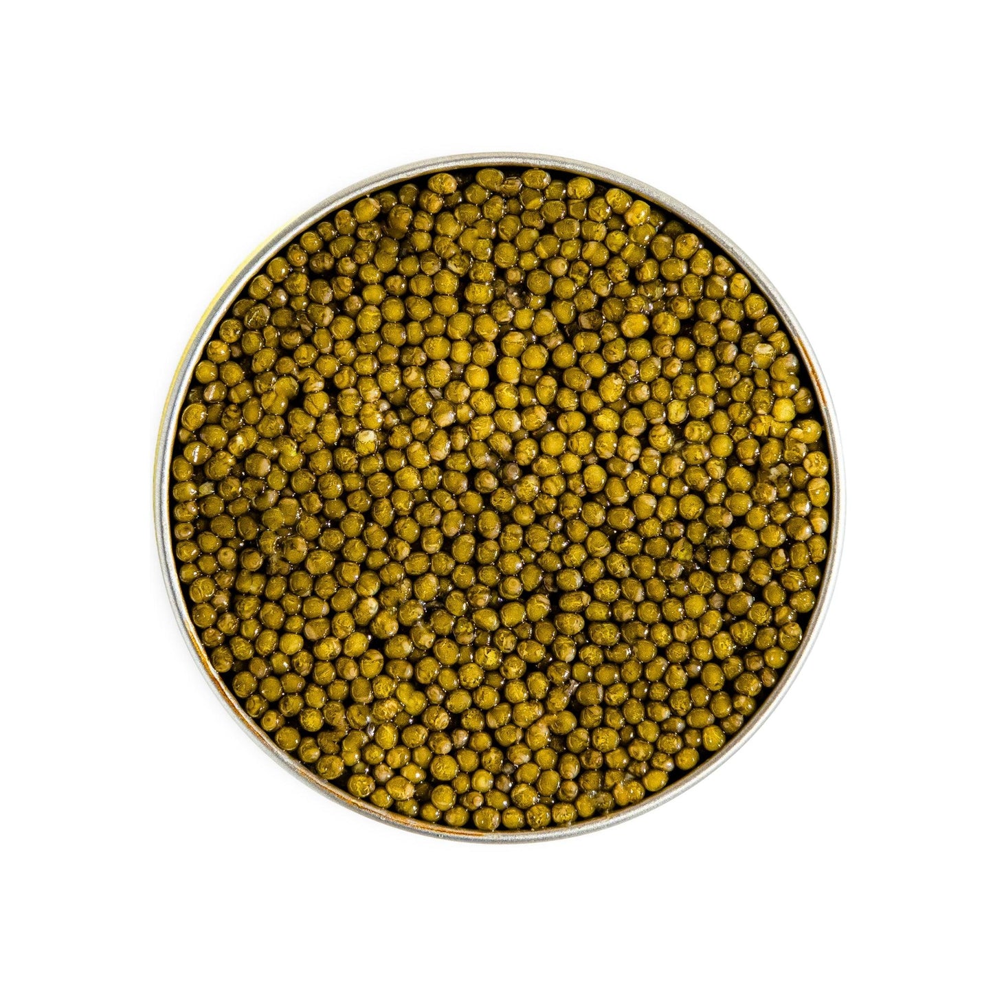 Round container filled with green pellets on a white background Golden Osetra Caviar