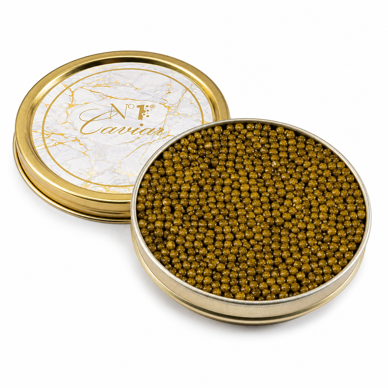 Open container of caviar with a gold lid on a white background