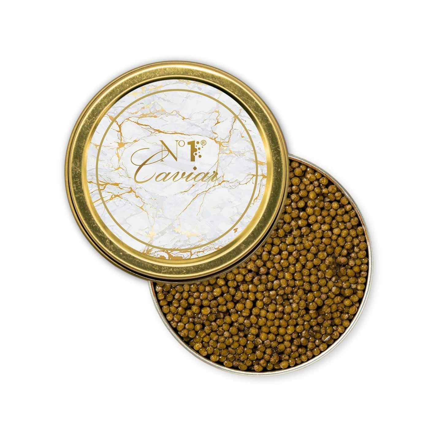 Open tin of caviar with decorative lid on a white background