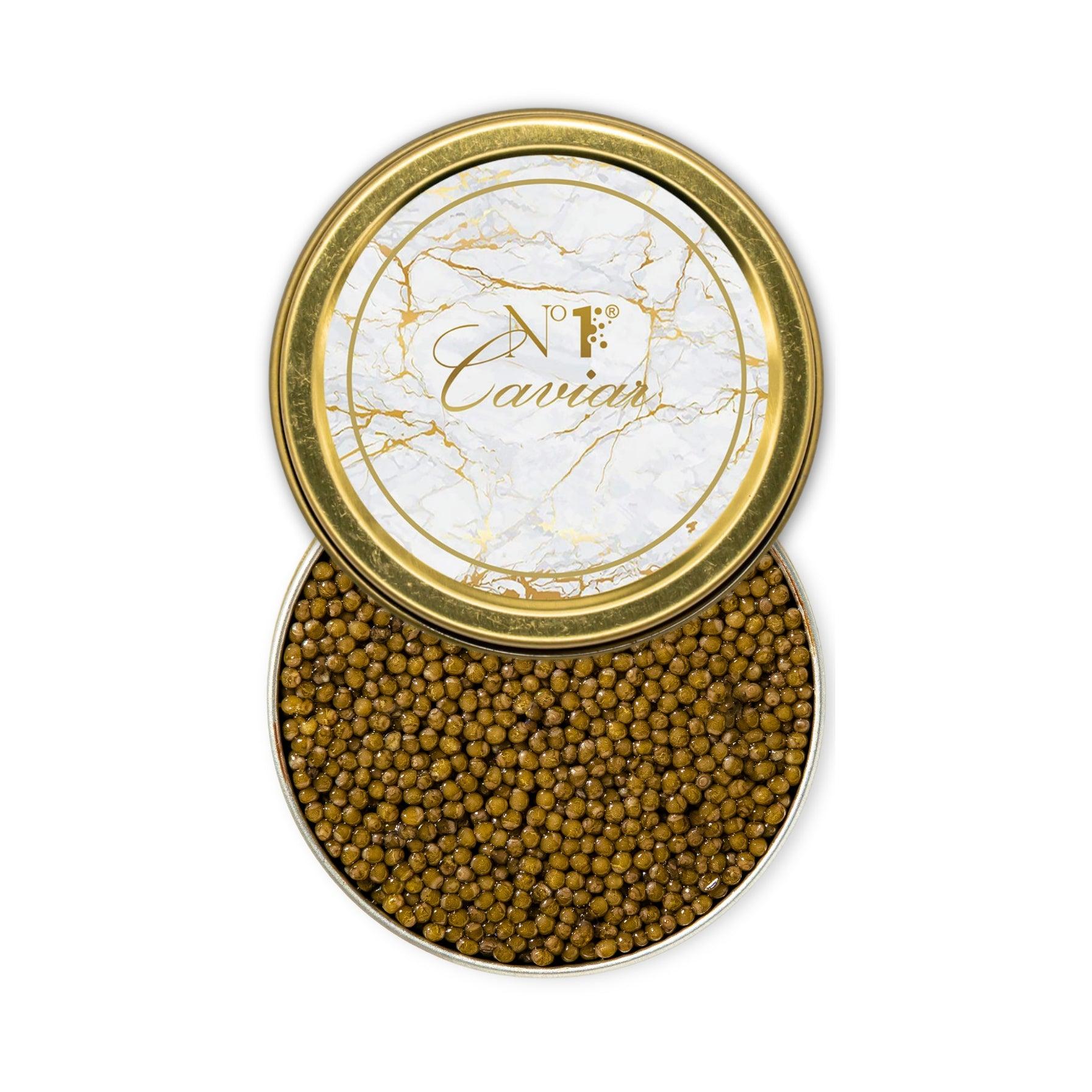 Open tin of caviar with a decorative lid on a white background