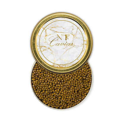Open tin of caviar with a decorative lid on a white background