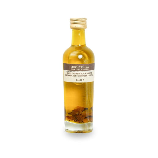 Bottle of olive oil with black truffle on a white background