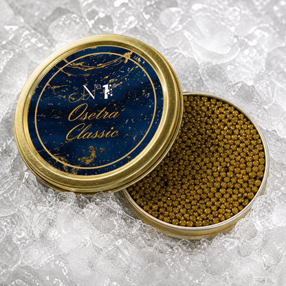 Osetra Classic caviar in a gold container on a textured white background