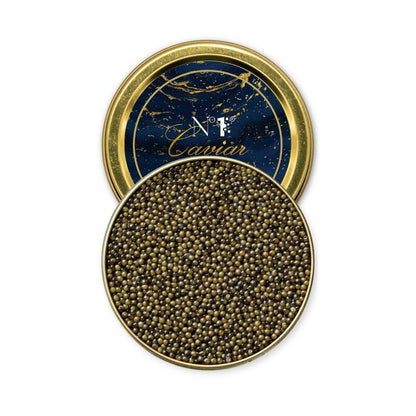 Open container of caviar with a decorative lid on a white background