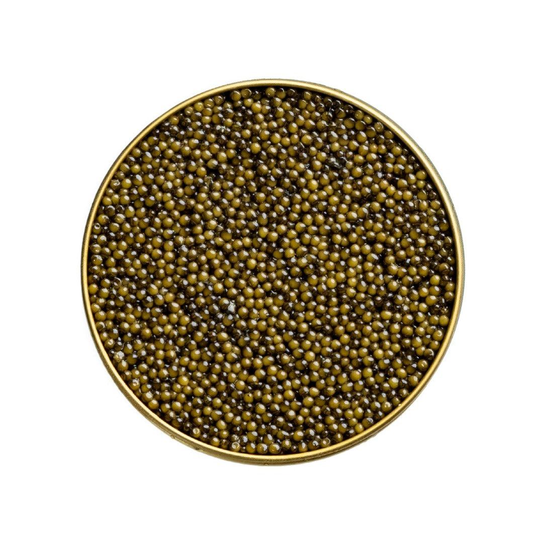Round dish filled with caviar on a white background