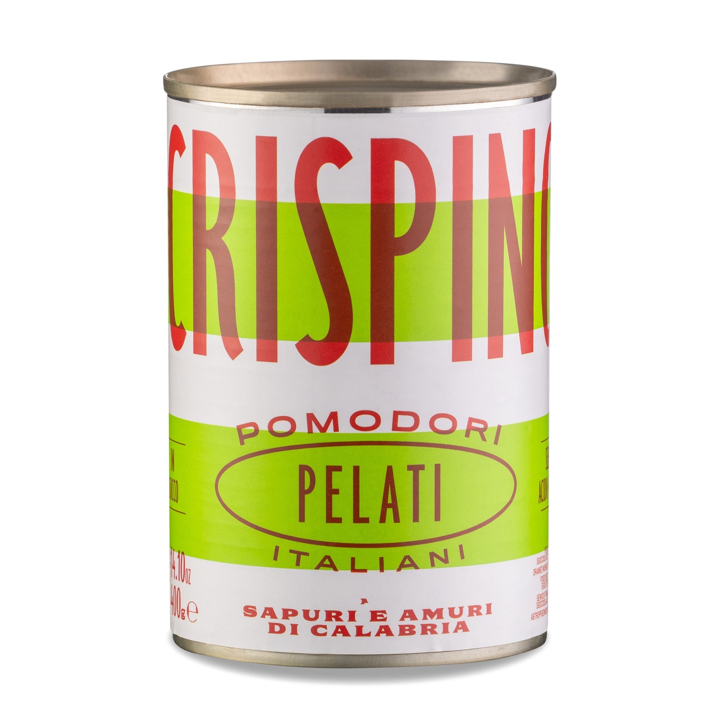 Canned food with 'Crispino' branding on a white background