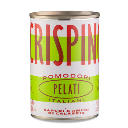 Canned food with 'Crispino' branding on a white background