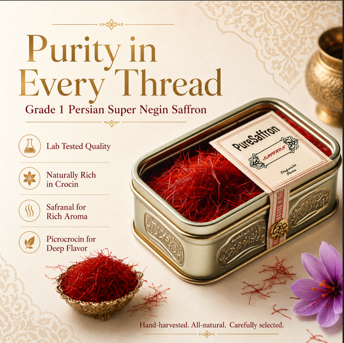 Persian Pure Saffron – Grade 1 Super Negin Threads, All-Natural Premium Saffron with Exceptional Aroma, Flavor & Color