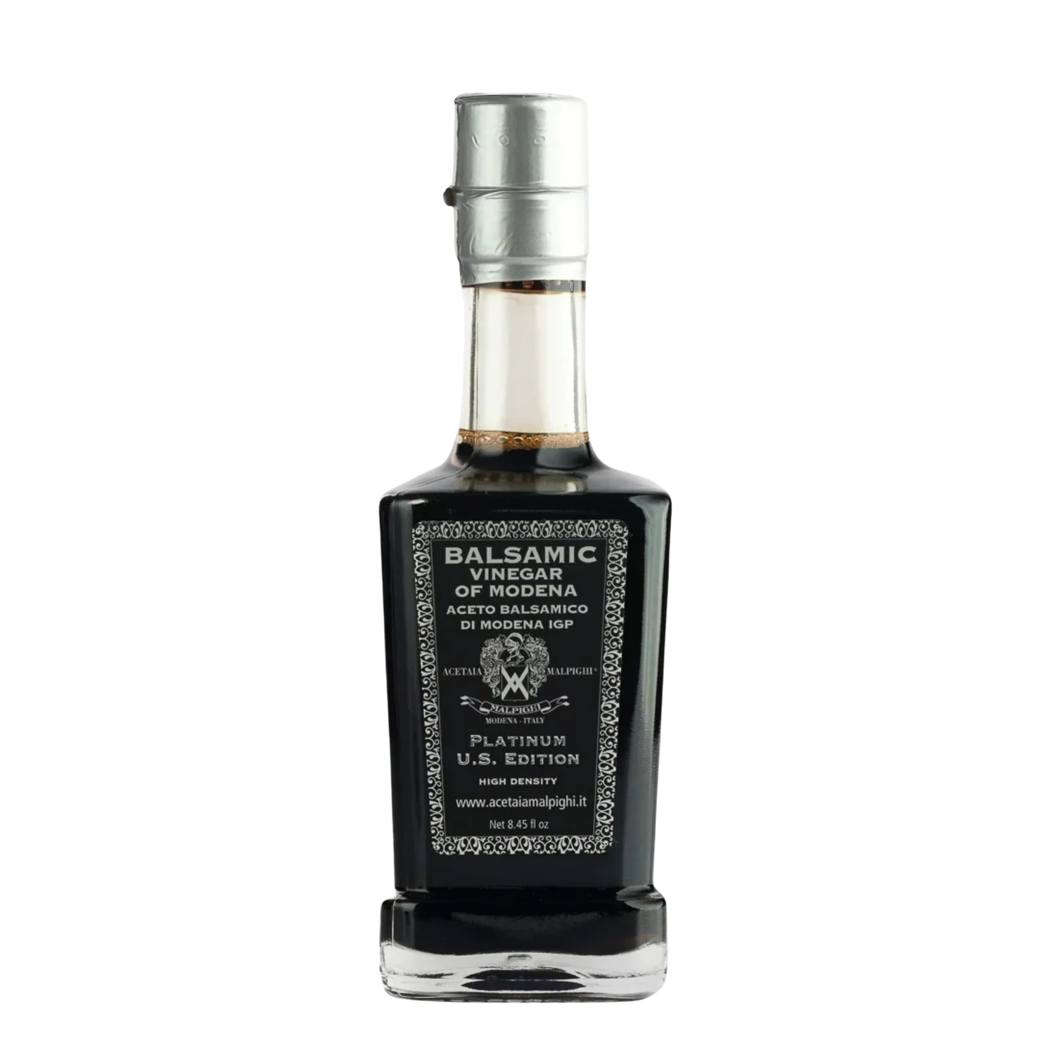 Balsamic vinegar bottle with a black label on a white background