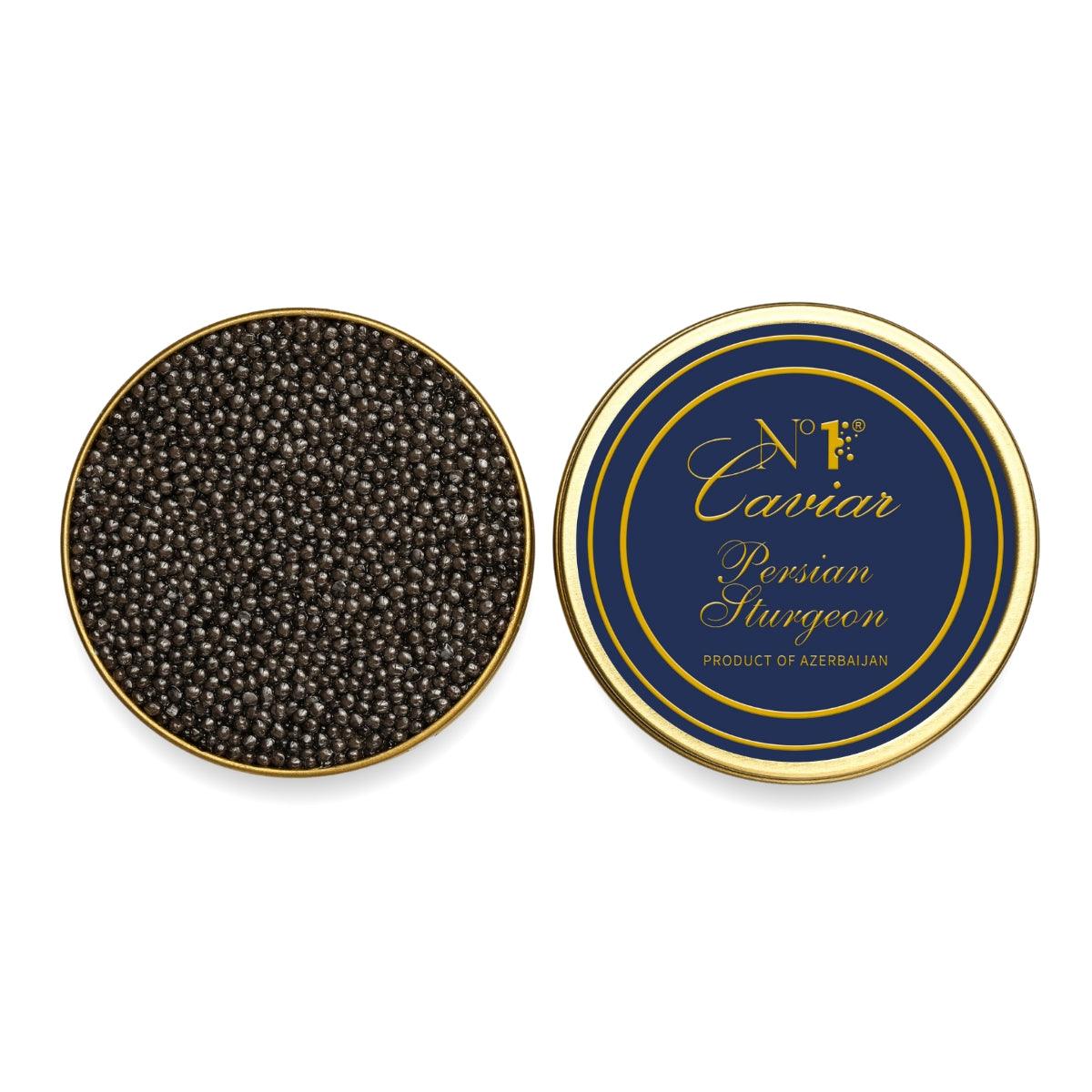 Caviar in a decorative tin with a blue label on a white background