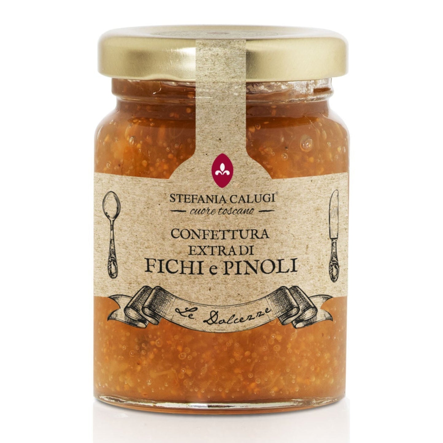 Jar of confiture with a gold lid on a white background