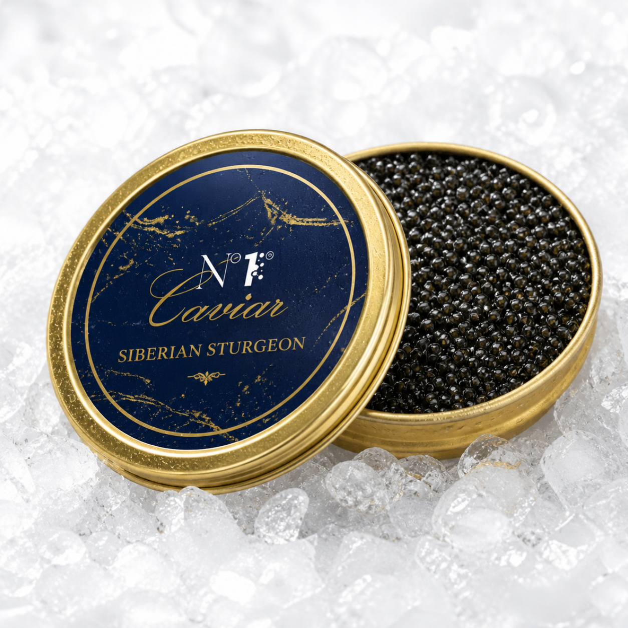 Open tin of caviar with a blue label on a bed of ice