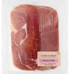 Prosciutto with a label on a white background