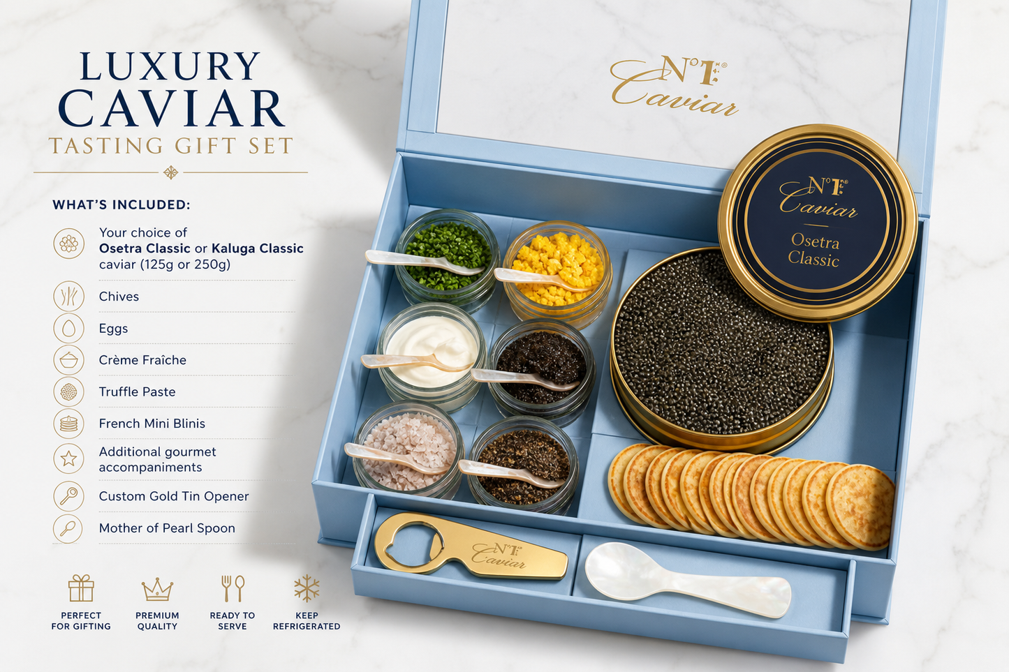 Luxury caviar tasting gift set with caviar, crackers, and accompaniments on a marble surface.