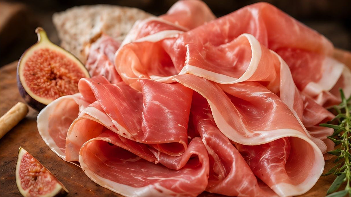 Sliced prosciutto with figs and bread on a wooden board
