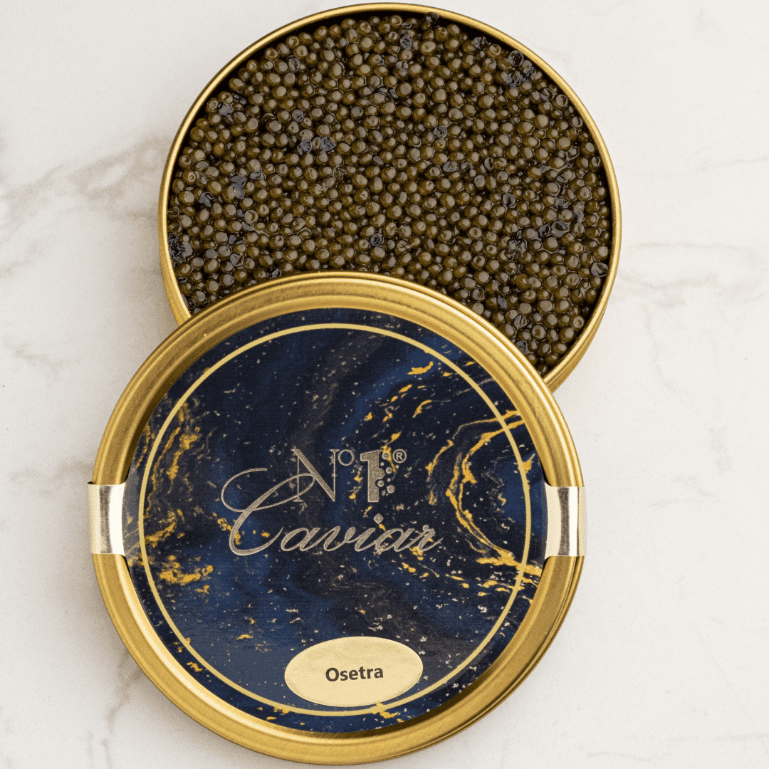 Open caviar container with blue and gold lid on a white background